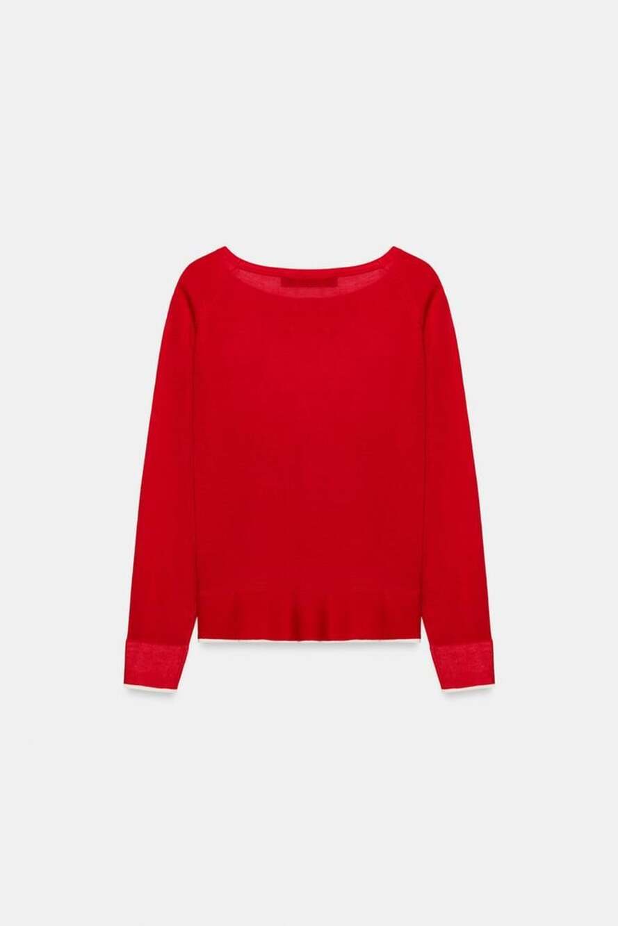Zara Red Fine Knit Long Sleeve Crew Neck Sweater Size S NWT